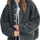 Women's Fleece Jacket Button Down Lapel Collar Sherpa Jackets Long Sleeve Contrast Quilted Outerwear (Grey) S