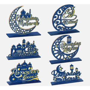 Hoolerry 6 Pcs Eid Mubarak Party Decoration Hollow Ramadan Table Centerpieces Moon Star Wood Letters Wooden Plaque Ornament for Eid Mubarak Ramadan Home Room Decor Craft, Blue