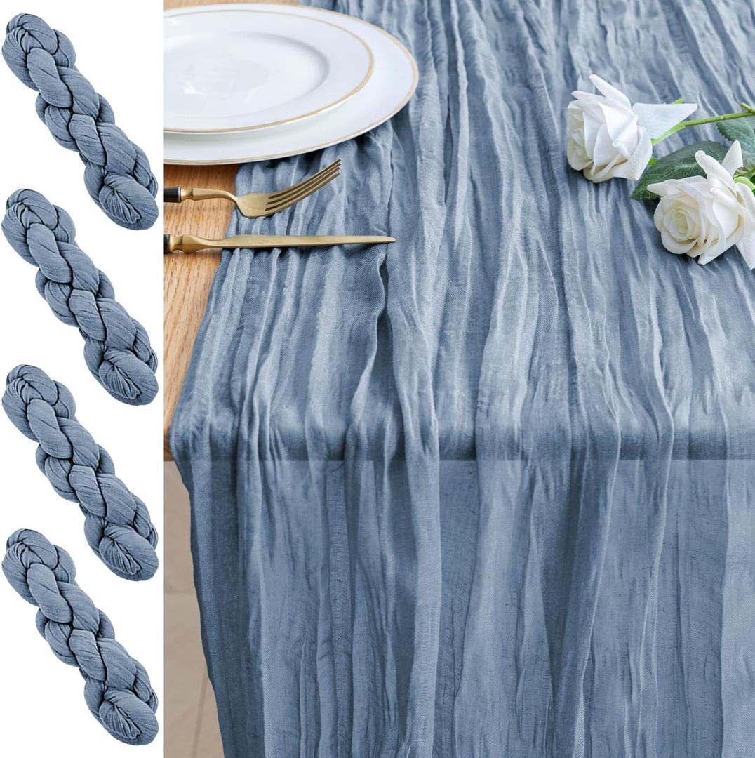 4PCS Table Runner Cheesecloth 10FT Dusty Blue Boho Gauze Cheese Cloth Rustic Sheer Table Runners for Wedding Bridal Baby Shower Party Decoration, 4 Pack