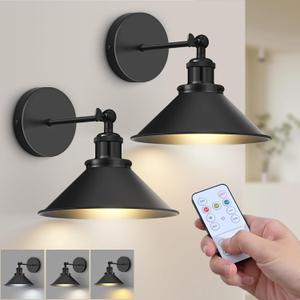 Battery Operated Wall Sconce Set of 2,Vintage Wireless Wall Sconces with Remote, Dimmable Led Wall Lights, Wall Lamp Fixture Indoor Bedroom Living Room Kitchen, LED Bulbs Included, Black