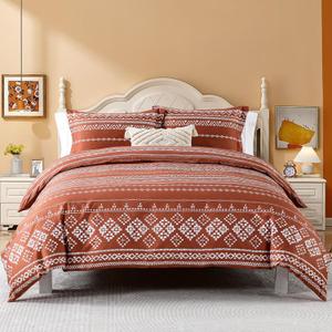 Quilta Boho Duvet Cover King Size - 100% Cotton Red King Duvet Cover Set Bohemian 3 Pieces Soft Comforter Set with Zipper Closure 8 Corner Ties for All Seasons, Burnt Orange/White ((104"x90") King)