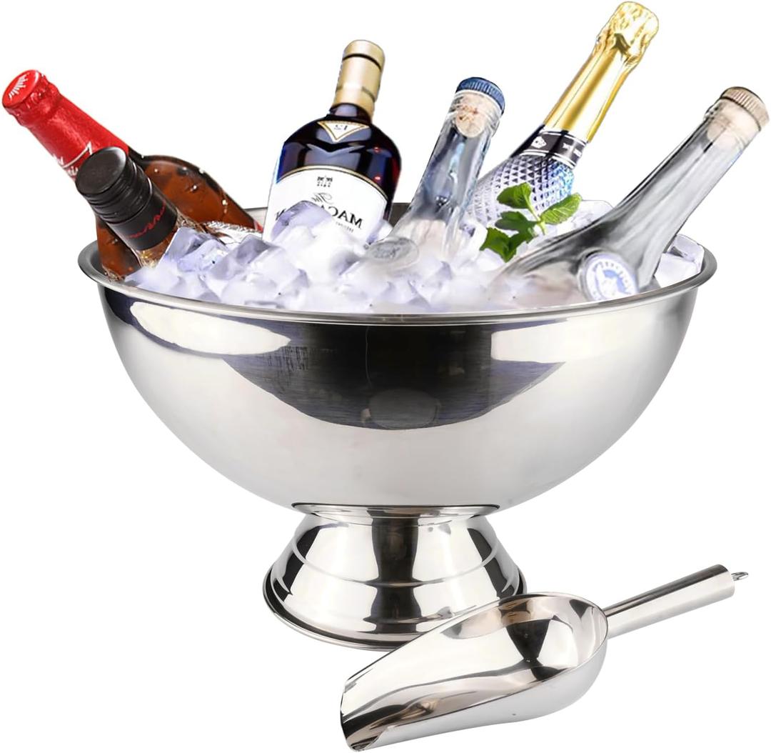 Large Ice Bucket 13L Stainless Steel Champagne Bowl Ice Bucket with Ice Scoop Semicircle Drink Tub with Integrated Base Silver Beverage Tub for Parties, Cocktail Bar, Chilling Wine (1 pack)