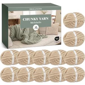 Jumbo Chenille Chunky Yarn for Crocheting - Super Bulky Fluffy Chunky Yarn for Hand Knitting - Extra Thick Soft Blanket Big Yarn 12 Jumbo Pack (27yds,8 oz Each Skein) (Khaki)