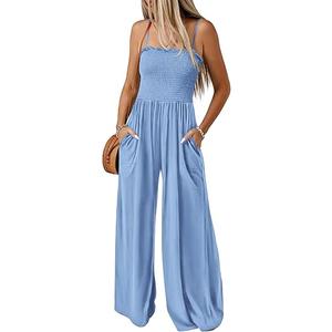 PRETTYGARDEN Women's Summer Jumpsuits, Dressy Casual One Piece Outfits Linen, Smocked, Spaghetti Strap, Pockets, Wide Leg Rompers, S