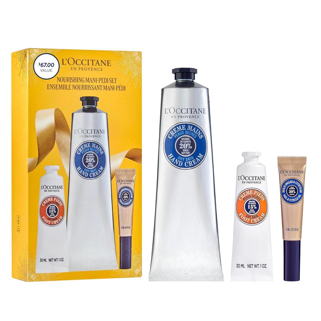 LOccitane Nourishing ManiPedi Gift Set, Shea Butter Skincare Trio, Self Care Daily Repair Essentials, Hand & Foot Cream and Cuticle Oil