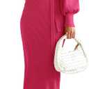 PRETTYGARDEN Women's 2023 Fall Knit Pullover Sweater Elegant Long Lantern Sleeve V Neck Maxi Dress (Rose Red, Large)