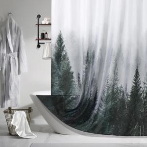 ORTIGIA 84 Inch Long Dark Green Misty Forest Shower Curtain for Bathroom, Nature Woodland Shower Curtain Set with Metal Hooks, Decorative Pine Tree Fog Magic Bath Curtain, Weighted, 72x84