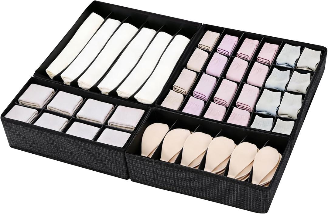 DUHEL Drawer Organizer Clothes for 4 Pack, Dresser Organizer for Baby Clothes, Underwear, Sock- Foldable Closet Organization and Storage Dividers Bins for Nursery, Bedroom (Black)