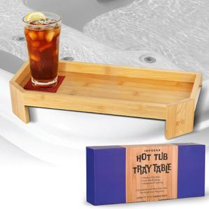 Bamboo Hot Tub Tray Table, Waterproof, UV-Coated Side Table Caddy with Anti-Slip Backing for Drinks, and Essentials, 17" x 7.5"