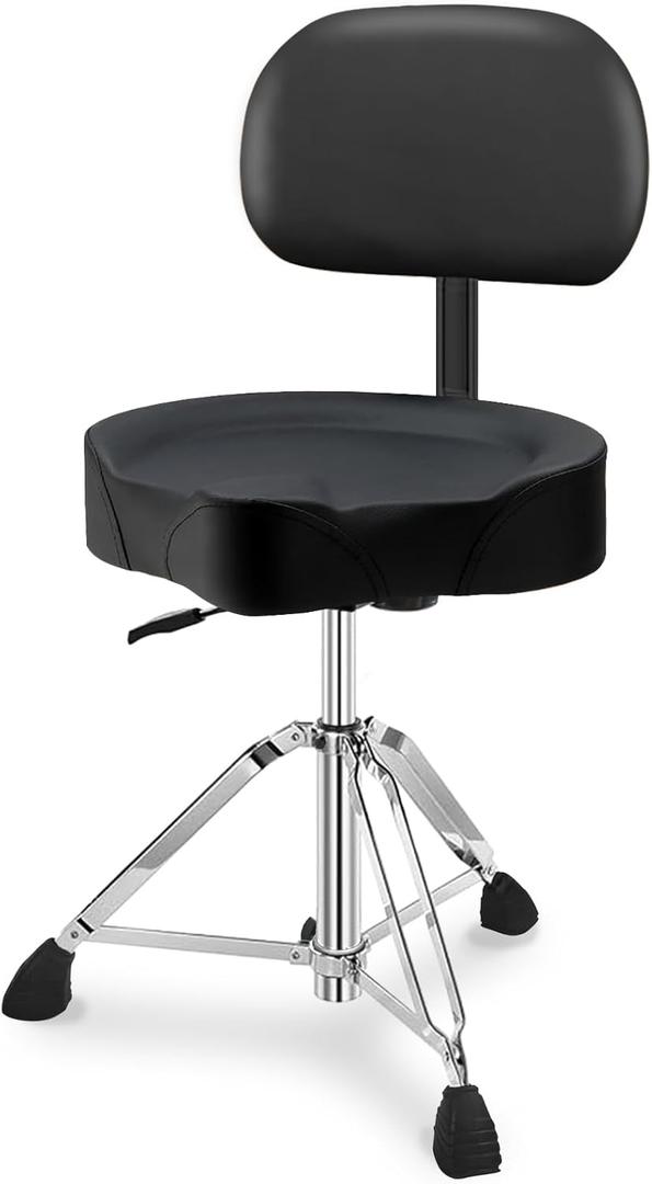 Pro Drum Stool with Backrest, Heavy Duty Hydraulic Drum Throne, Ergonomic Memory Foam Drum Seat, Adjustable Drum Chair Anti-Slip Base, Drum Saddle Bench for Drummers Musicians (Black)