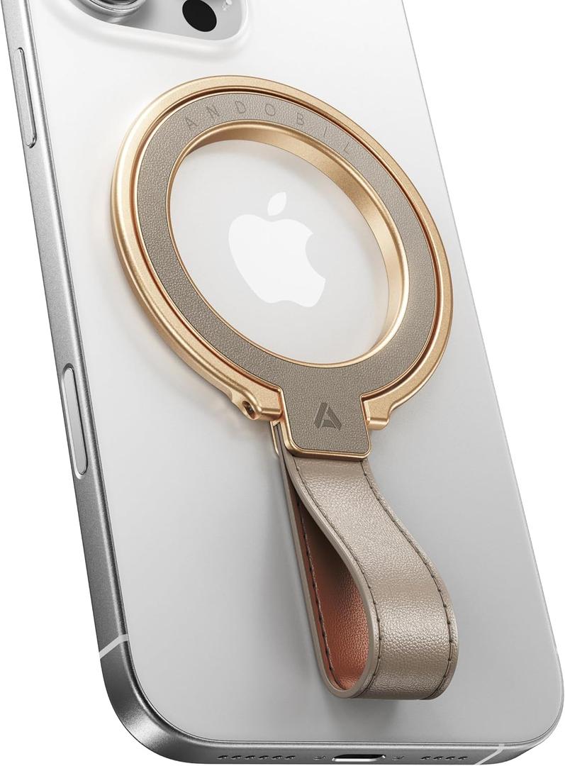 andobil [2026 Premium Leather] Magnetic Phone Grip for MagSafe [Longest Durable] Adjustable Phone Ring Kickstand w/Leather Loop Compatible with MagSafe Accessories&iPhone 17 Air 16 15 Pro Max Greige