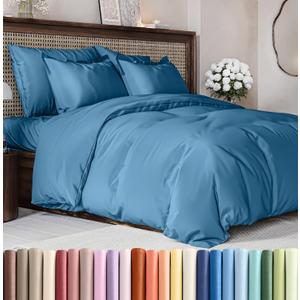 CGK Unlimited Duvet Cover Queen Size Set - Extra Soft Queen Size Duvet Cover 90 x 90 with 2 Pillow Shams - Hotel Quality w/Zipper Closures & Ties - Bedding and Bed Linens Set (Denim Blue)