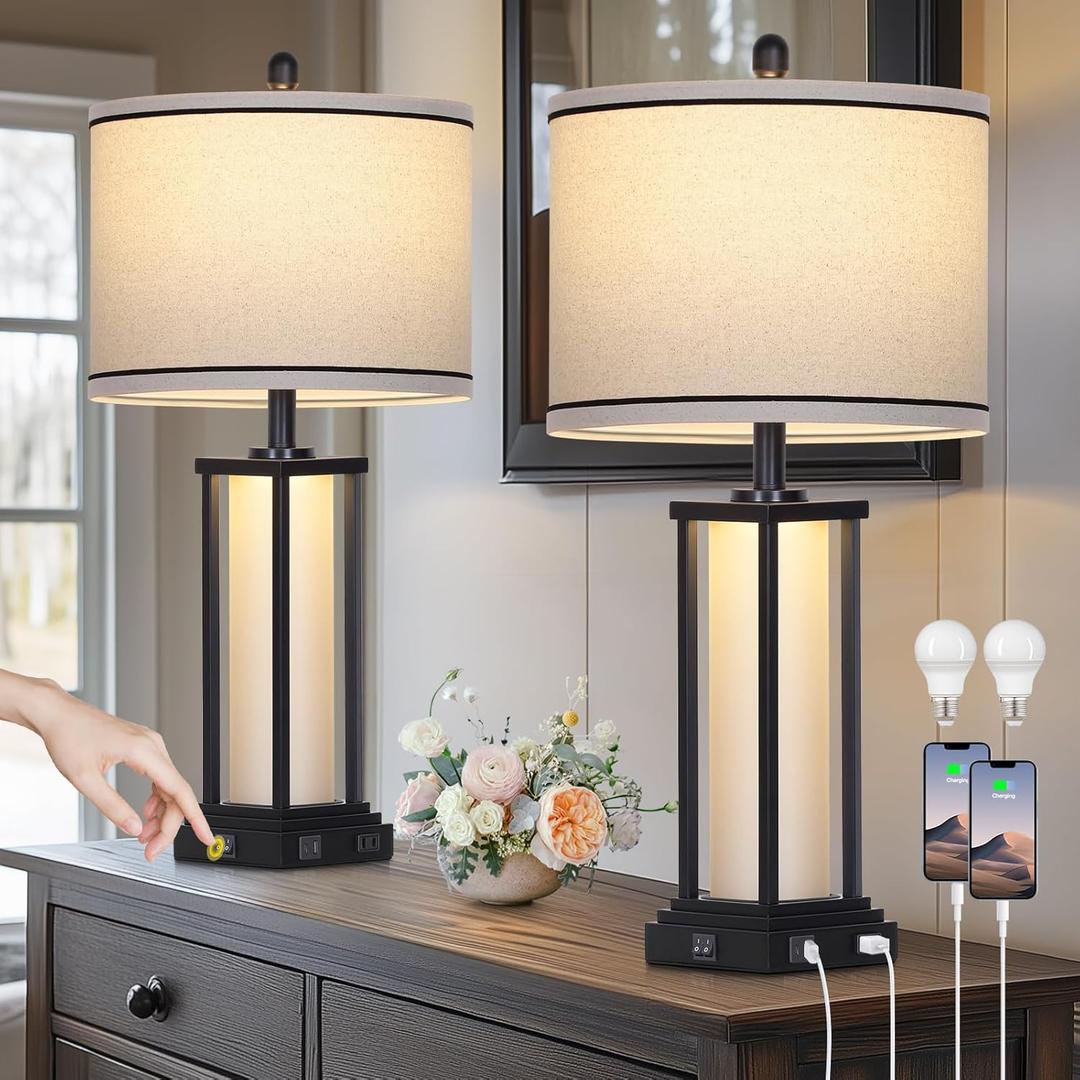 27" Tall Vintage Table Lamp Set of 2 with USB C+A & Outlet,Black Industrial End Table Lamp for Living Room,Farmhouse Rustic Bedside Lamps with Frosted Glass Night Light for Bedroom Nightstand,Black