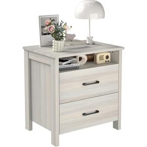 Farmhouse Nightstand, Rustic Nightstand with 2 Large Drawers, Wood End Table with Storage Cabinet, Bedside Table for Bedroom, Gray (Grey)