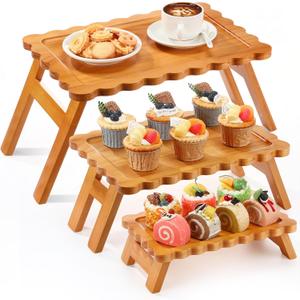 Pine Wooden Foldable Cupcake Tier Stand 3 Tier Cupcake Tower Holder with Irregular Edges Dessert Table Serving Display Tray Charcuterie Boards for Party Birthday Wedding (Rectangular)