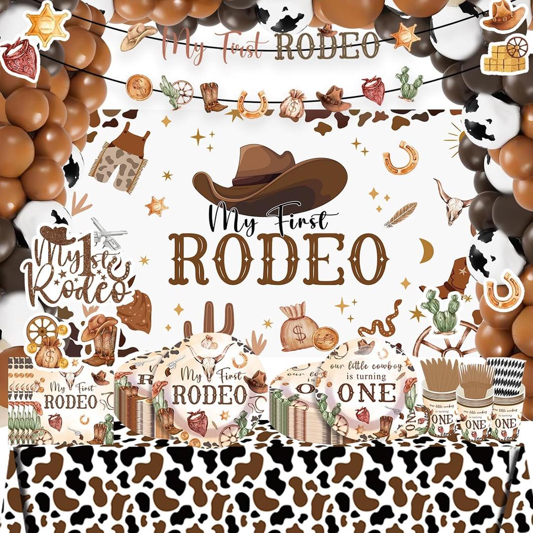 249PCS My First Rodeo Decorations Boy, All-in-1 First Rodeo Theme Party Pack, with 20 Plates, Cowboy Hat, Backdrop Tablecloth Balloon Arch for 1st birthday boy, Serves 20 Guests