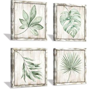 Green Leaves Wooden Wall Art: Rustic Wood Prints Pictures Palm Tree Leaf Simple Life Painting Framed for Bathroom Wall Decor 16 x 16" x 4pcs