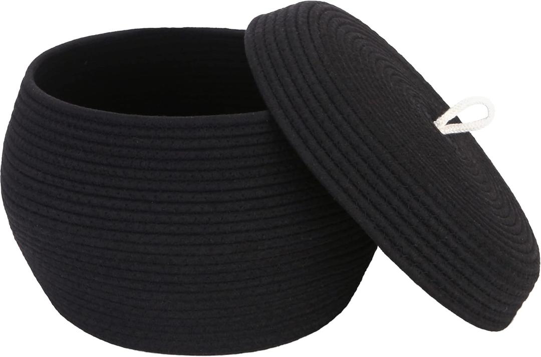 Sea Team Round Cotton Rope Storage Basket with Lid, Decorative Woven Storage Bin, Pot, Caddy, Organizer, Container for Snacks, Towels, Plants, 13 x 9 Inches (Large, Black)