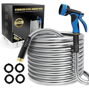 Lefree 50ft Metal Garden Hose - Heavy Duty 304 Stainless Steel Flexible Water Hose, No Kinks & Leak-Proof with Upgraded Handle, 10-Function Spray Nozzle for Balcony, Patio, Small Yard, Car Wash