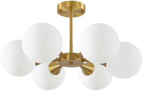 KCO Lighting Brushed Gold Sputnik Flush Mount Ceiling Light Mid Century Modern Overhead Ceiling Light 6-Lights Milk Glass Globe Semi Flush Mount Ceiling Light Fixture
