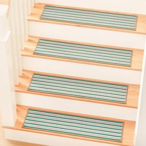 MBIGM 8" X 30" (15 in Pack) Non-Slip Carpet Stair Treads Non-Skid Safety Rug Slip Resistant Indoor Runner for Kids Elders & Pets with Reusable Adhesive - Soft Stripes - Serene Sage