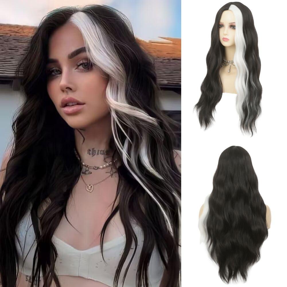 Long Black Curly Wavy Wigs for Women with White Highlight Hair Wig Heat Resistant Synthetic Wig for Halloween Cosplay Use