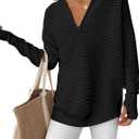 ANRABESS Women's Long Sleeve Quarter Zip Pullover Sweater Casual Loose V Neck Collared Ribbed Knit Jumper Tops Thumb Hole (Large, Black)