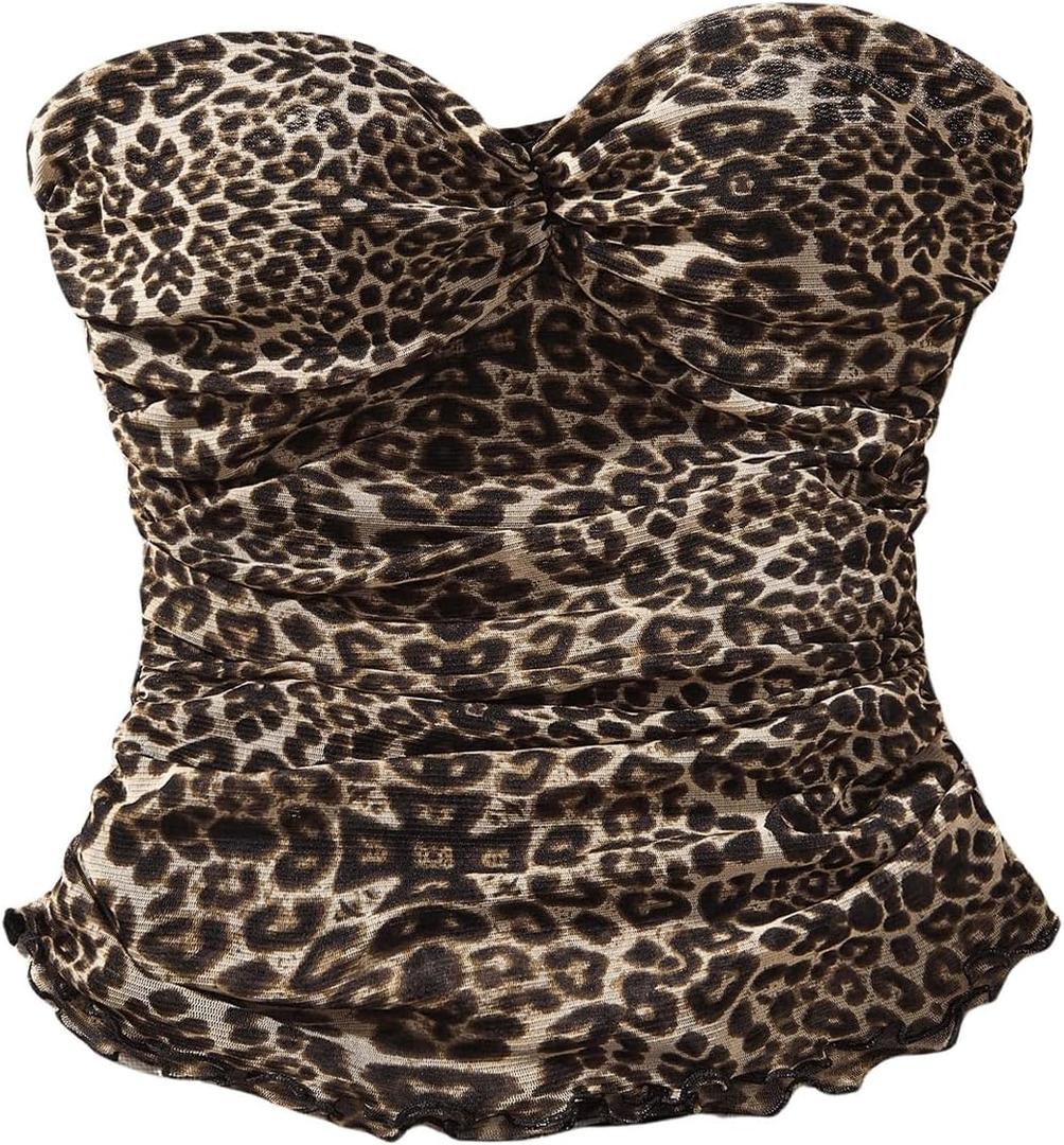 SHENHE Women's Leopard Print Mesh Tube Twist Front Strapless Ruched Sexy Y2k Tube Tops (Brown)