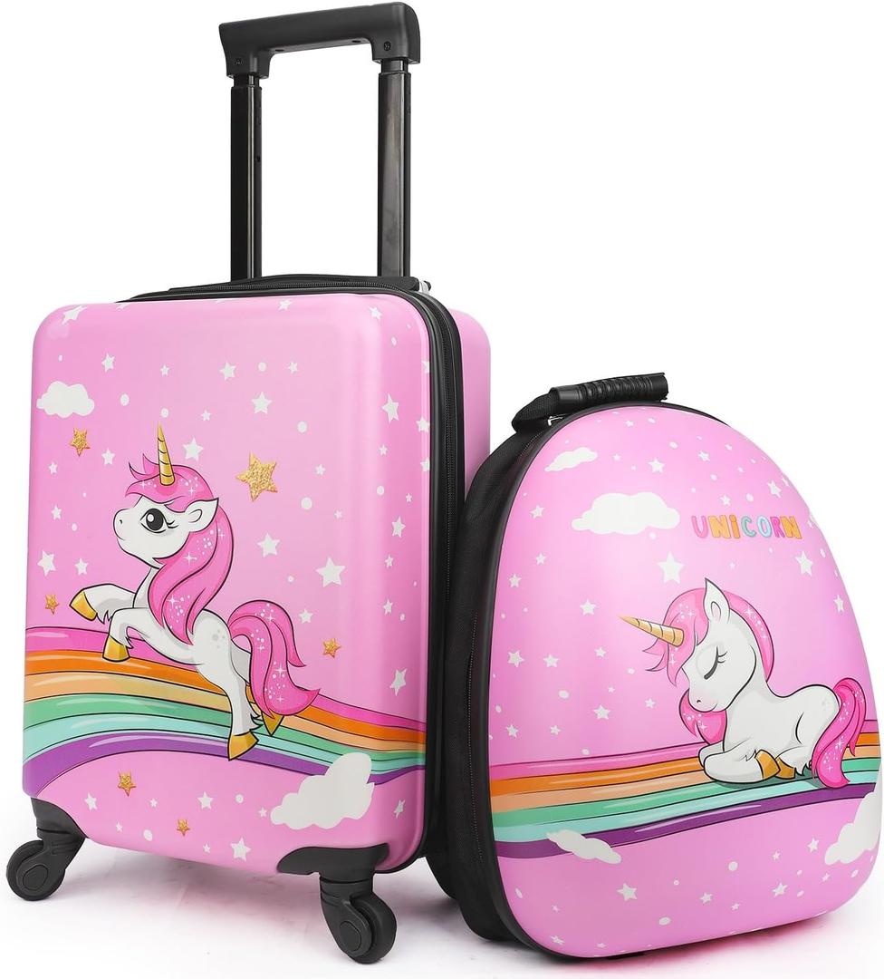 emissary Kids Suitcase for girls, 16" Hardside Unicorn Kids Luggage Set with Spinner Wheels and Backpack, Children Carry on Girls Suitcase Toddler Travel Rolling Luggage Gifts Airline Approved, 12.2 x 7.48 x 17.32 inches