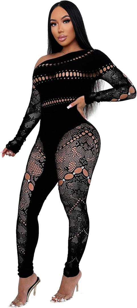 One Shoulder Mesh Cutout Jumpsuit, Long Sleeve, Black Lace Pattern, Club Party Wear L