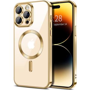 Hython Magnetic Clear for iPhone 14 Pro Case with Camera Lens Protector [Compatible with MagSafe] Luxury Plating Edge Slim Soft TPU Cover Protective Phone Case for iPhone 14 Pro 6.1", Gold