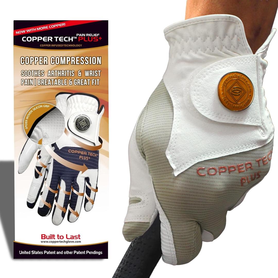 Copper Tech Mens Golf Gloves - Joint Support for Golfers with Copper Compression - 100% AAA Synthetic Leather - Built for Comfort & Joint-Friendly - Golf Gloves Men Both Handed Golfers (2nd Gen) (X-Large, White/Khaki)