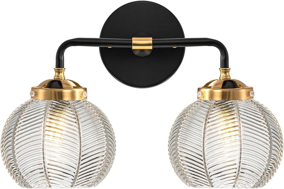 2 Light Bathroom Vanity Light Clear Glass Globe Wall Sconce Lights Black Wall Mount Light with Ribbed Glass Shade, Mid Century Modern Wall Sconce for Over Mirror Bedroom Hallway