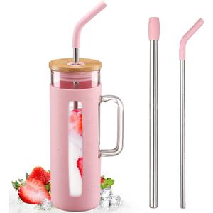 Kodrine Tumbler with Lid and Straw, 20 oz Glass Coffee Tumbler with Handle, Smoothie Cup with Bamboo Lid | Time Marker | Silicone Protective Sleeve, BPA Free -Pink