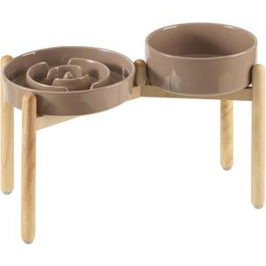 Ceramic Raised Slow Feeder Dog Bowl Set, Elevated 8.2inch Bowl and 9.5inch Puzzle Slow Food Dish with Wooden Stand for Large Dog, Anti-Gulping (2X Brown Coffee+ Stand)