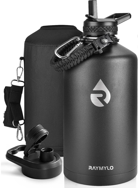 One Gallon Water Bottle Insulated, Triple Walled Vacuum Stainless Steel (Cold for 48 Hrs), Leak Proof & Non-BPA, Large Water Flask Jug with Paracord Handle & Straw Spout Lids (128 Ounces, Magic Black)