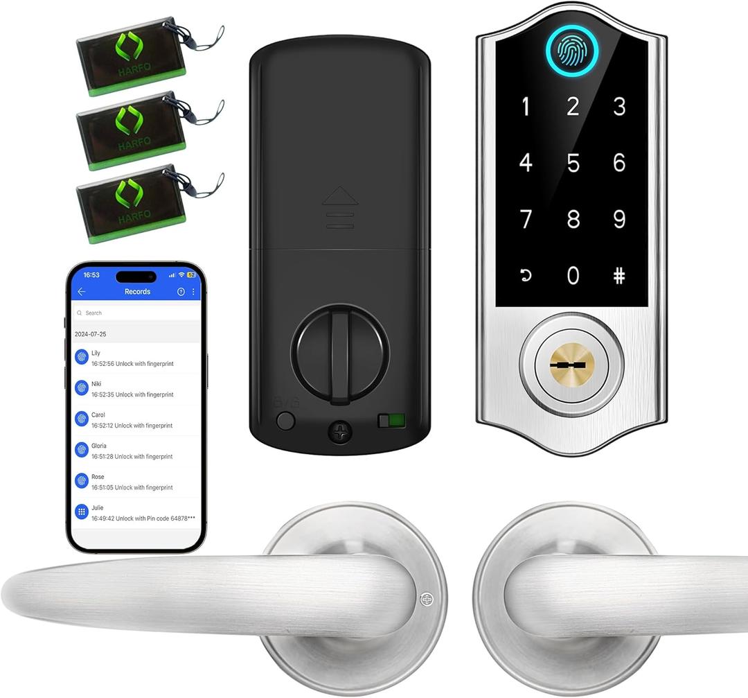 Harfo Smart Fingerprint Door Lock, Keyless Entry Deadbolt, Full App Control Biometric Lock, Electronic Digital Touchscreen Keypad, Auto Lock, Easy Install, Satin Nickel