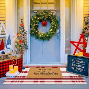 Christmas Door Mat Combo Set - 100% Coco Coir Welcome Mat + 3' x 5' Red and White Diagonal Plaid Rug, Christmas New Year Holiday Collection Doormat for Front Porch Entryway Decorative