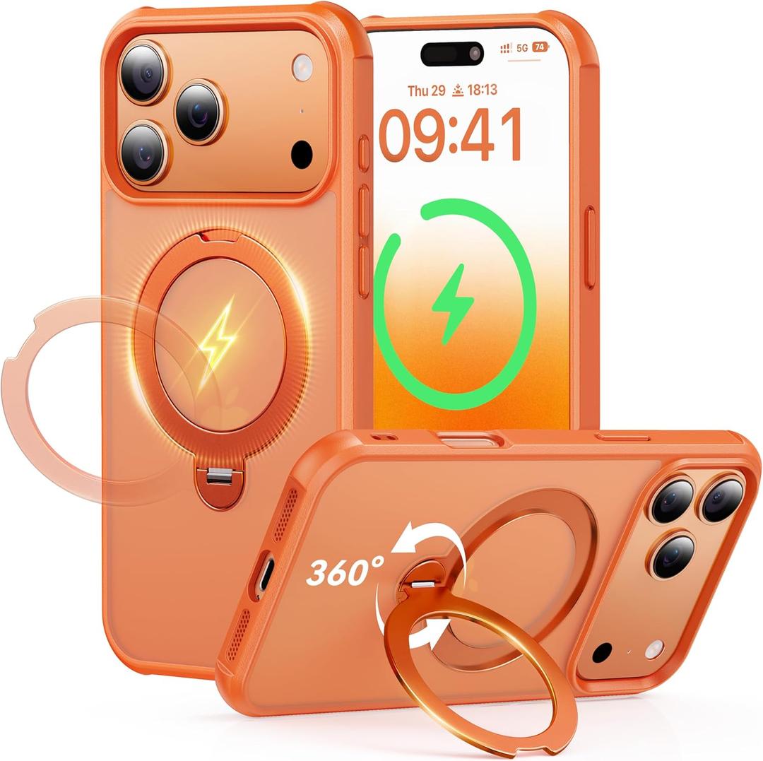 360 Spin Magnetic Stand (Pro-Version) for iPhone 17 Pro Max Case (Compatible with MagSafe) [Military Drop Protection] Matte Translucent Shockproof Protective Phone Case 6.9'', Cosmic Orange