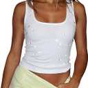 SweatyRocks Women's Rhinestone Square Neck Crop Tops Slim Fit Rib Knit Casual Tank Top, Size: Large