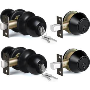 BESTTEN 2 Pack Keyed Same Exterior Door Knobs and Single Cylinder Deadbolts Combo Set, Keyed Alike Entry Door Knobs with Locks and Keys for Entrance and Front Door, Matte Black