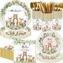 400 Pcs Woodland Baby Shower Party Supplies for 50 Forest Animals Mountain Wilderness Plates Napkins Cups Spoons Forks Knives for Neutral Forest Animal Baby Shower(Green and Gold, Woodland)