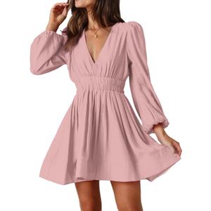 FAIABLE Mini Deep V Sexy Long Sleeve Dress for Women A-line High Waisted Casual Flowy Dress for Cocktail Wedding Guest, Medium