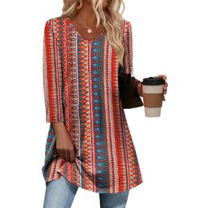 OFEEFAN 3/4 Length Sleeve Womens Tops Dressy Casual Plus Size Tunics to Wear with Leggings Floral 01, X-Large