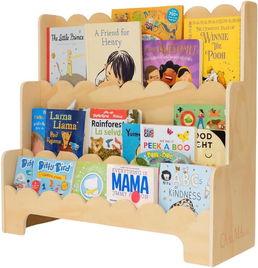 CAALMA Premium Scalloped Bookshelf for Nursery & Kids Bedroom - 29.5x27.5 in - 3-Tier Wooden Montessori Bookshelf - Kids Bookcase for Nursery, Playroom or Classroom, Minimalist Toddler Book Shelf