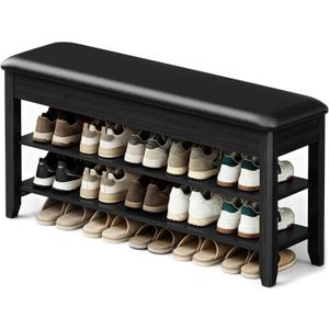 LBT Shoe Bench with Storage, Solid Rubberwood Shoe Storage Bench with Cushion, 2-Tier Shoe Rack for Entryway, Shoe Rack Bench with Deep Hidden Compartment and Stay-Open Hinge, 550lb Capacity Black, 39.4 inch
