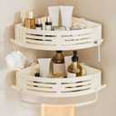 Conworld Corner Shower Caddy Suction Cups, Corner Shower Shelf With a Towel Bar, Shower Organizer Suction for Bathrooms Storage with Hooks, No-Drilling Removable (Aluminum, 2-Pack, Cream)