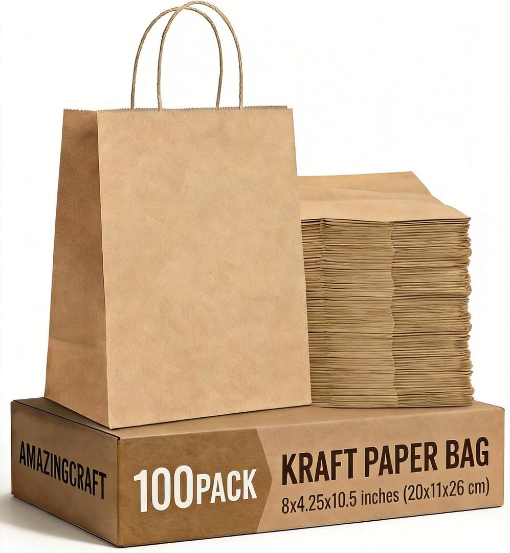 Amazingcraft Gift Bags 8x4.25x10.5 100Pcs Brown Paper Bags with Handles Bulk for Wedding, Party Favor, Grocery, Shopping, Retail, Merchandise Medium Kraft Paper Sacks
