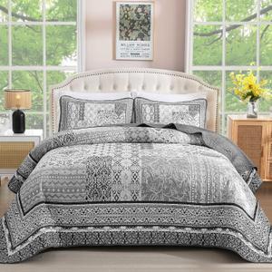WONGS BEDDING Grey Quilt Set Queen Size,Bohemian Patchwork Bedspread Coverlet Set, Soft Boho Floral Pattern Bedspreads Bedding Quilt Set for All Seasons (96"x90")