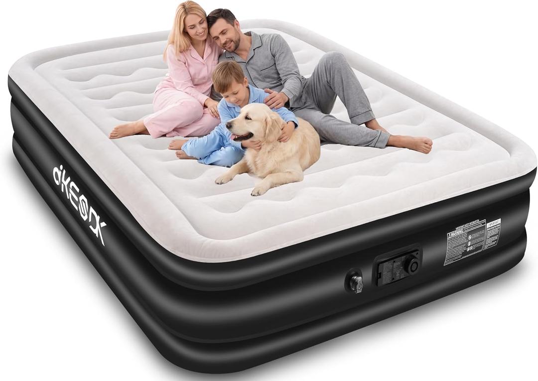 Air Mattress Queen with Built in Pump,Comfortable Waterproof Flocked Surface Inflatable Mattress for Temporary Family Stays and Travel,16-Inch Blow Up Mattress Inflates in 3 Minutes